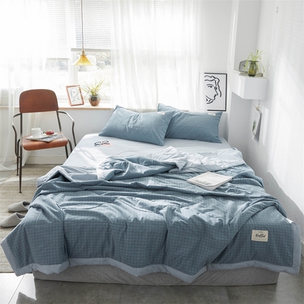 北欧良品 水洗棉夏被四件套水洗棉空调被夏凉被无印良品-雾蓝格