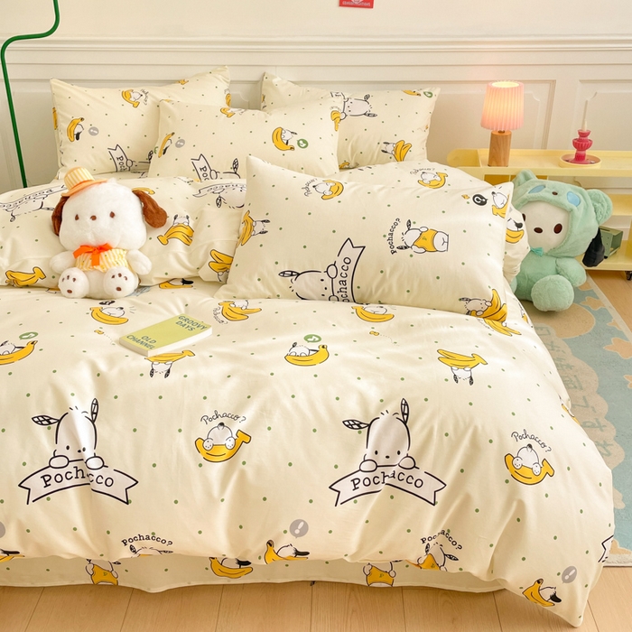 91家纺网 家纺一手货源 找家纺 博雅 2024新款全棉三丽鸥卡通四件套-AA版帕恰狗 香蕉帕恰狗