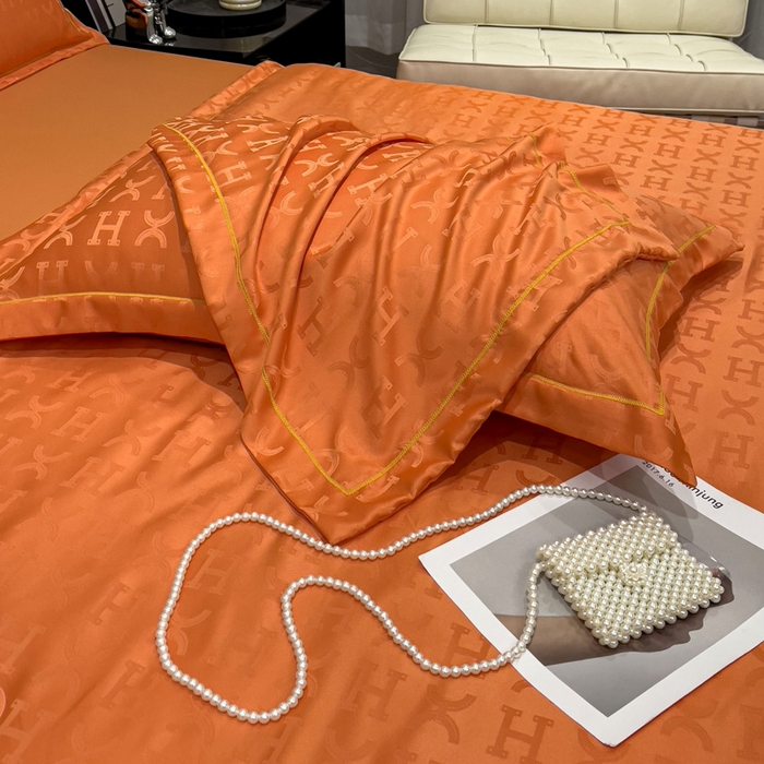 91家纺网 家纺一手货源 找家纺 丽卡家纺 2024新款60s贡缎提花水洗天丝夏被四件套-莫奈 莫奈-爱马仕橘