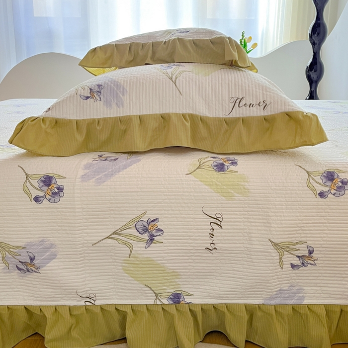 91家纺网 家纺一手货源 找家纺 子曰 2024新款印花素色花边床盖三件套四件套 君子兰