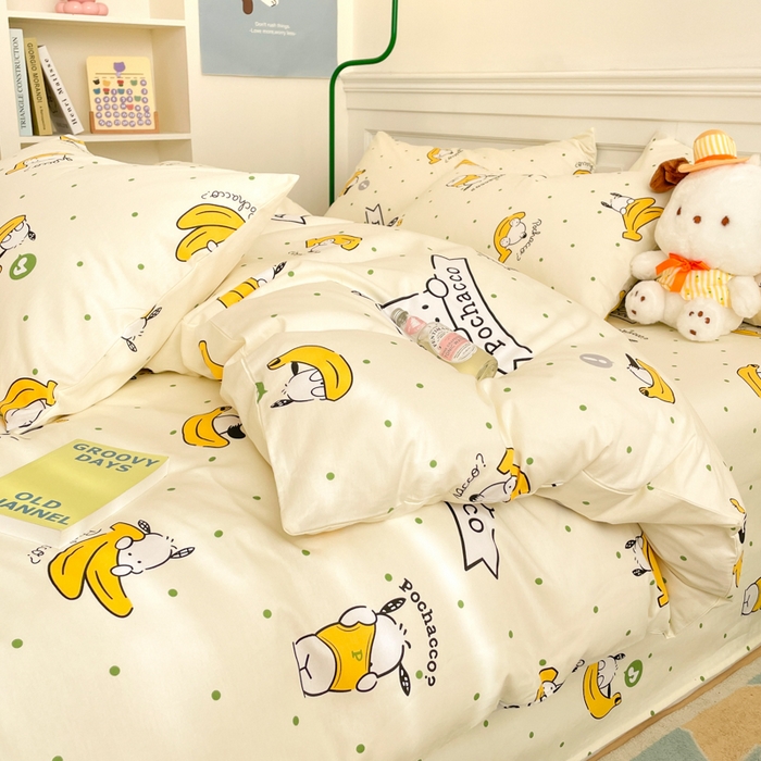91家纺网 家纺一手货源 找家纺 博雅 2024新款全棉三丽鸥卡通四件套-AA版帕恰狗 香蕉帕恰狗