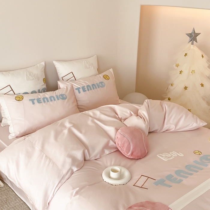 91家纺网 家纺一手货源 找家纺 星野家居 2024新款双股澳棉毛巾绣四件套—快乐网球场 快乐网球场—樱花粉