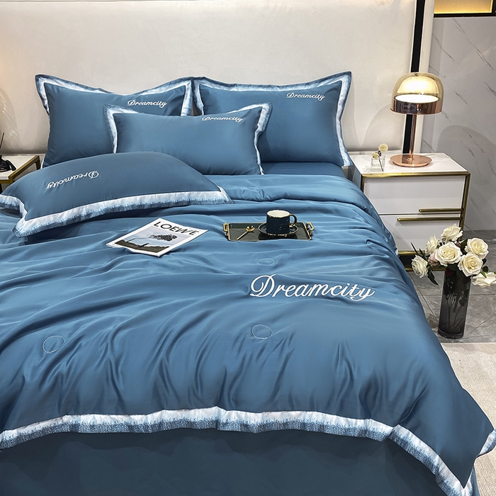 91家纺网 家纺一手货源 找家纺 丽卡家纺 2024新款水洗天丝刺绣夏被四件套-梦幻 梦幻-宾利蓝