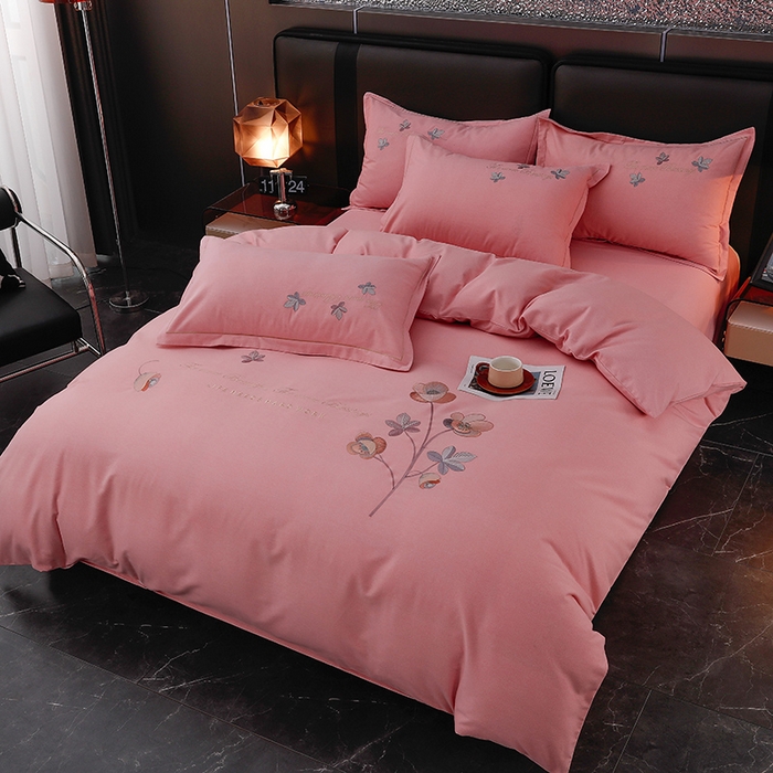 91家纺网 家纺一手货源 找家纺 润淳家居 2025新款全棉磨毛刺绣四件套 心动瞬间 粉玉