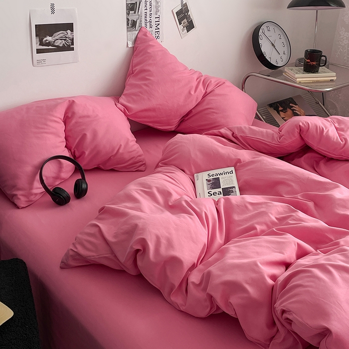 91家纺网 家纺一手货源 找家纺 思诺羽床笠 2024新款水洗棉纯色混搭四件套系列 树莓粉