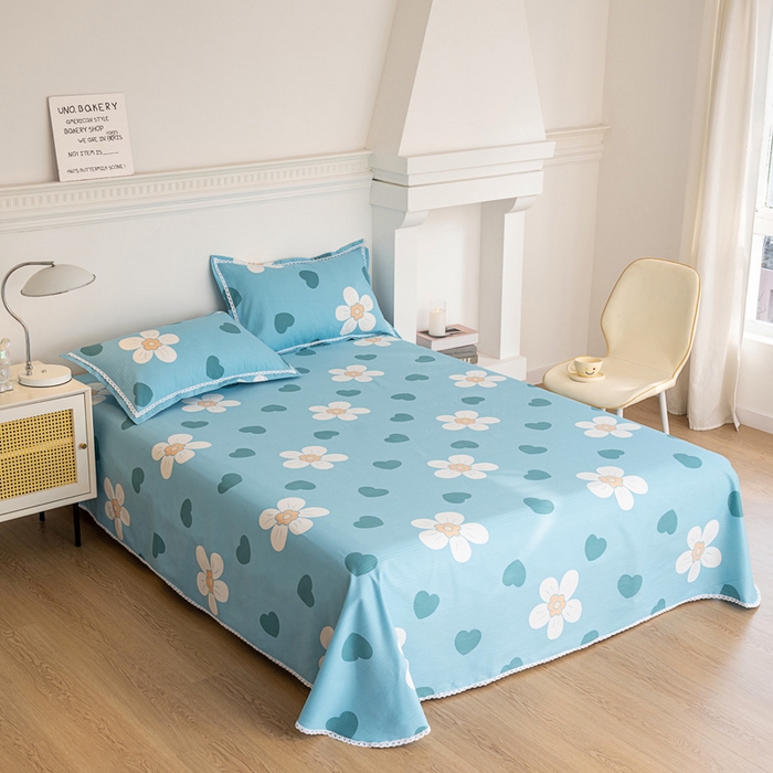 91家纺网 家纺一手货源 找家纺 金泰莱 2025新款花边款老粗布凉席老粗布床单软凉席全棉床单纯棉床单 花心-蓝