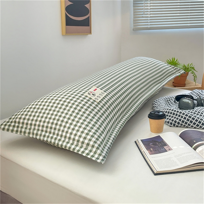 91家纺网 家纺一手货源 找家纺 梦舒羽 2025新款水洗棉麻双人枕套情侣枕芯套加厚枕头套  小格-绿