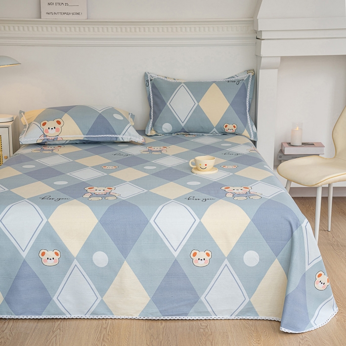 91家纺网 家纺一手货源 找家纺 金泰莱 2025新款花边款老粗布凉席老粗布床单软凉席全棉床单纯棉床单 卡酷熊