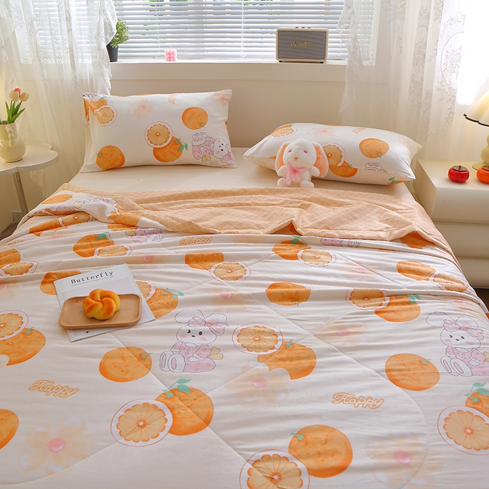 91家纺网 家纺一手货源 找家纺 金柚子2024新款全棉印花夏凉被 橙子兔-黄