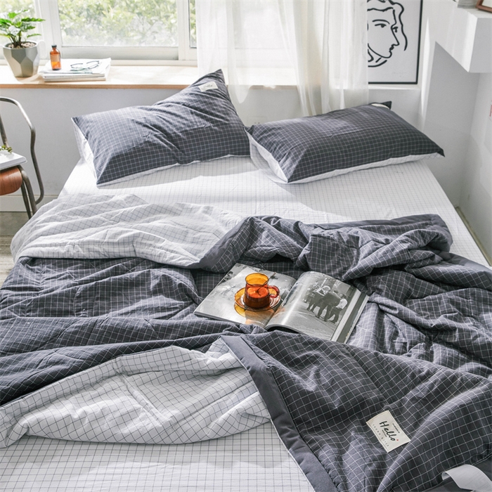 91家纺网 家纺一手货源 找家纺 北欧良品 水洗棉夏被四件套水洗棉空调被夏凉被无印良品-灰白小格双拼