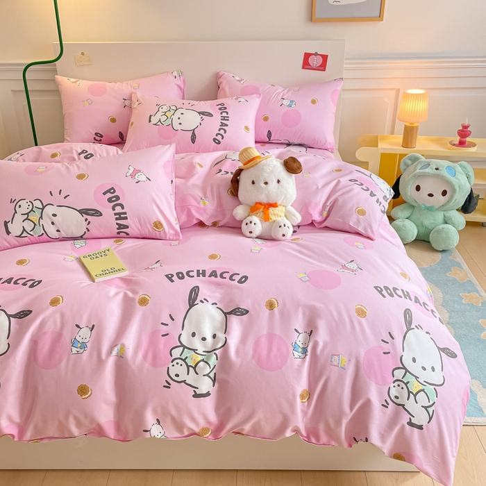 91家纺网 家纺一手货源 找家纺 博雅 2024新款全棉三丽鸥卡通四件套-AA版帕恰狗 粉红帕恰狗