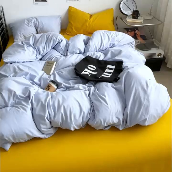 91家纺网 家纺一手货源 找家纺 思诺羽床笠 2024新款水洗棉纯色混搭四件套系列 雾蓝+姜黄