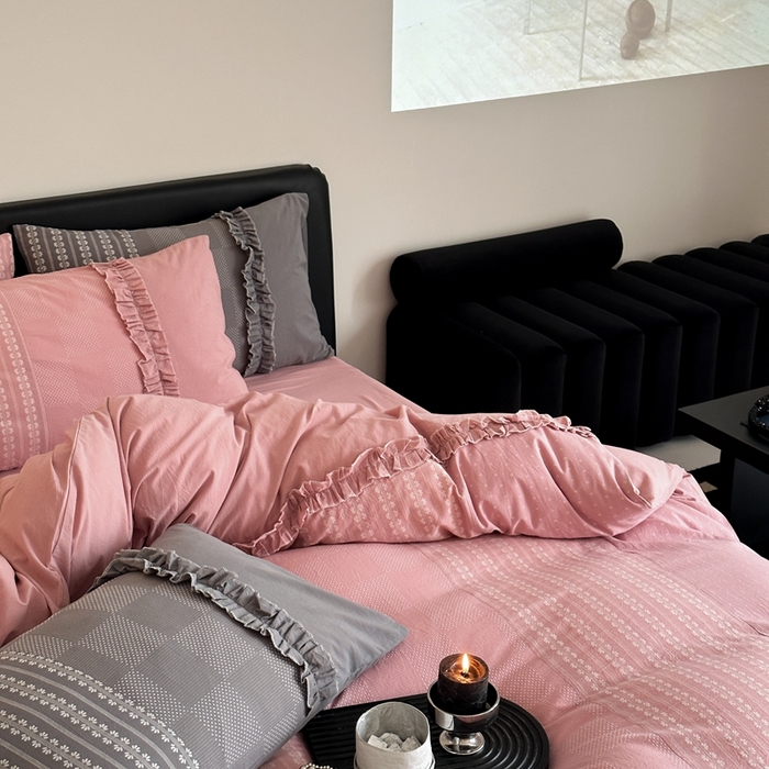 91家纺网 家纺一手货源 找家纺 旷野 2024新款全棉色织双面提花四件套-南法 南法—陶瓷粉