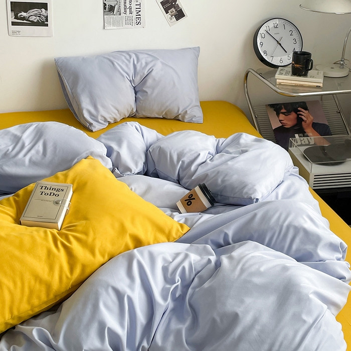 91家纺网 家纺一手货源 找家纺 思诺羽床笠 2024新款水洗棉纯色混搭四件套系列 雾蓝+姜黄