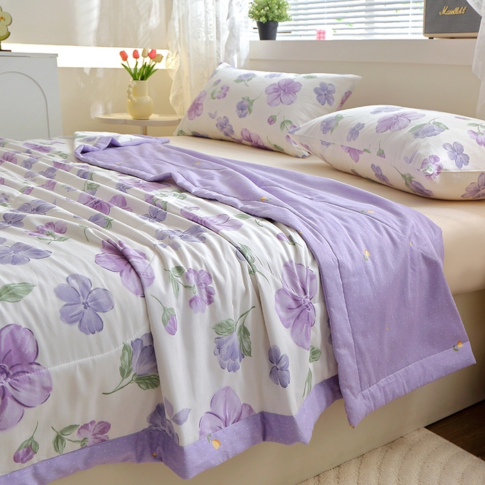 91家纺网 家纺一手货源 找家纺 金柚子2024新款全棉印花夏凉被 花暖迎春-紫