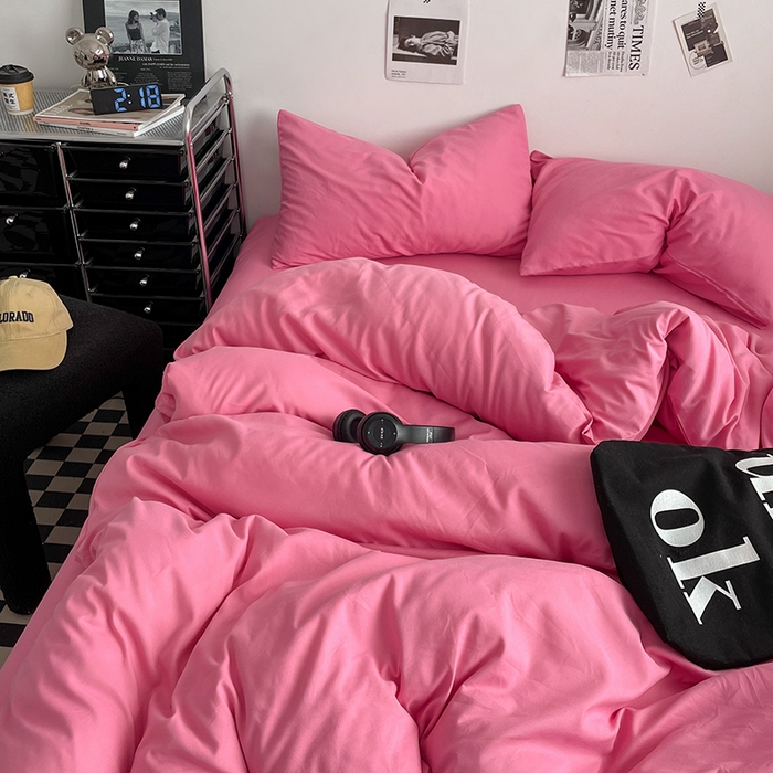 91家纺网 家纺一手货源 找家纺 思诺羽床笠 2024新款水洗棉纯色混搭四件套系列 树莓粉