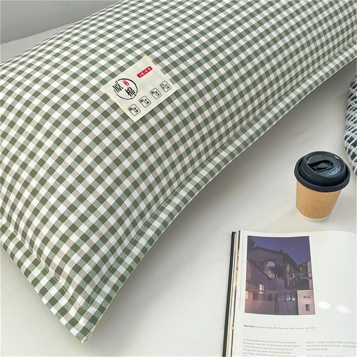 91家纺网 家纺一手货源 找家纺 梦舒羽 2025新款水洗棉麻双人枕套情侣枕芯套加厚枕头套  小格-绿