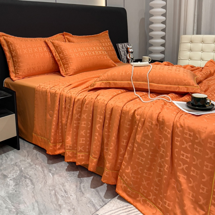 91家纺网 家纺一手货源 找家纺 丽卡家纺 2024新款60s贡缎提花水洗天丝夏被四件套-莫奈 莫奈-爱马仕橘