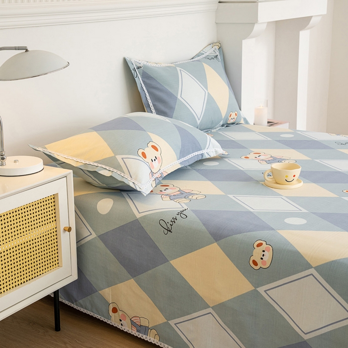 91家纺网 家纺一手货源 找家纺 金泰莱 2025新款花边款老粗布凉席老粗布床单软凉席全棉床单纯棉床单 卡酷熊