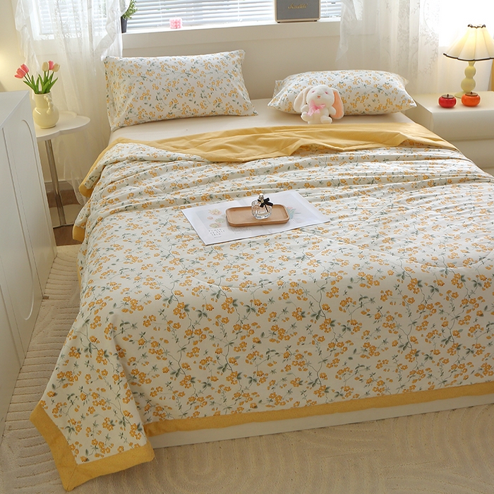 91家纺网 家纺一手货源 找家纺 金柚子2024新款全棉印花夏凉被 春风佛面-黄