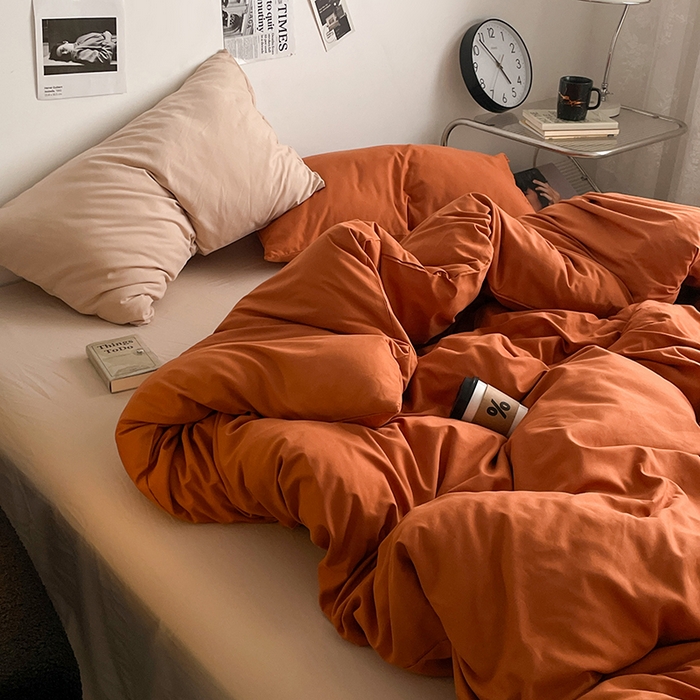 91家纺网 家纺一手货源 找家纺 思诺羽床笠 2024新款水洗棉纯色混搭四件套系列 落日橙+卡其