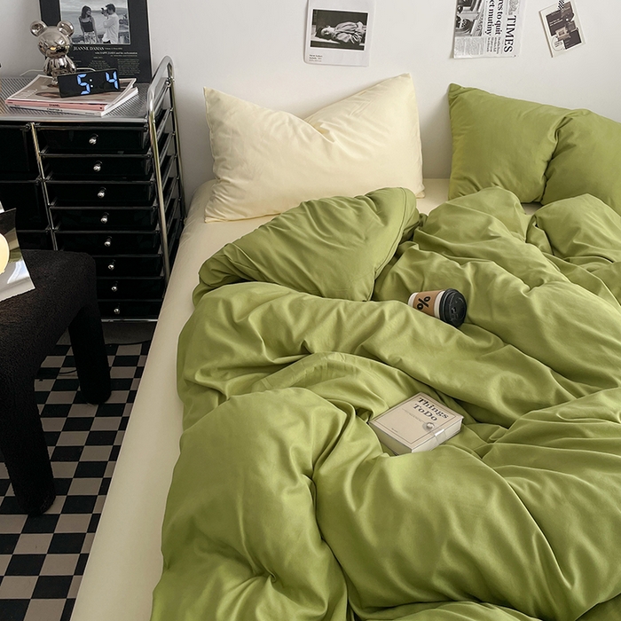 91家纺网 家纺一手货源 找家纺 思诺羽床笠 2024新款水洗棉纯色混搭四件套系列 牛油果绿+奶油黄