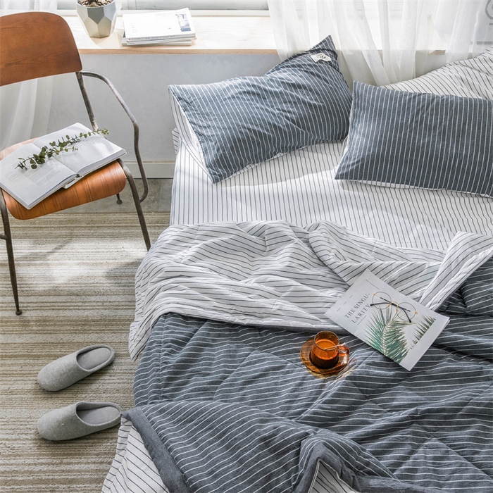 91家纺网 家纺一手货源 找家纺 北欧良品 水洗棉夏被四件套水洗棉空调被夏凉被无印良品-灰白细条双拼