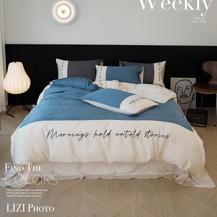 91家纺网 家纺一手货源 找家纺 2024春夏新款天丝棉四件套--江南系列（英文版） 江南-湖蓝