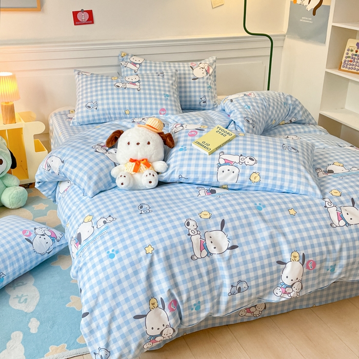 91家纺网 家纺一手货源 找家纺 博雅 2024新款全棉三丽鸥卡通四件套-AA版帕恰狗 蓝格帕恰狗