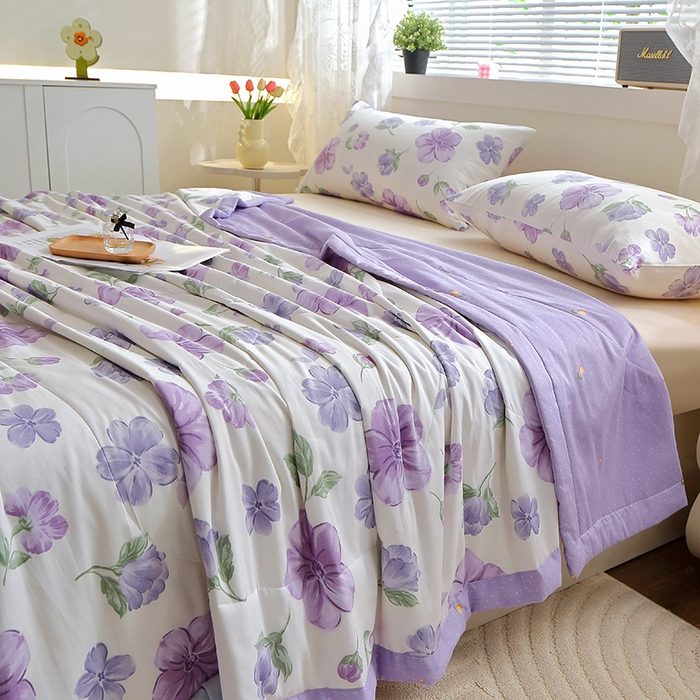 91家纺网 家纺一手货源 找家纺 金柚子2024新款全棉印花夏凉被 花暖迎春-紫