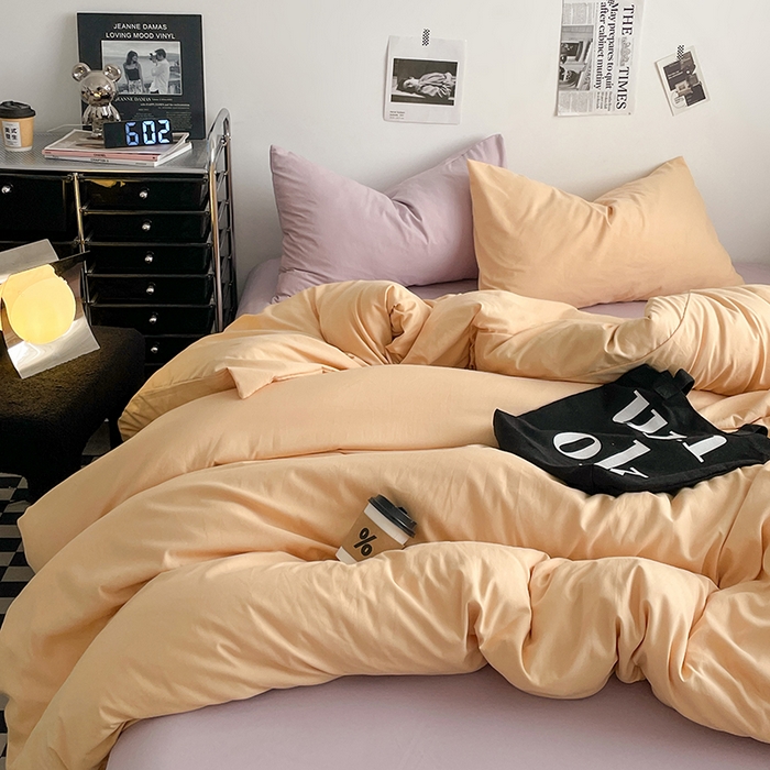 91家纺网 家纺一手货源 找家纺 思诺羽床笠 2024新款水洗棉纯色混搭四件套系列 碳烤起司+浪漫紫