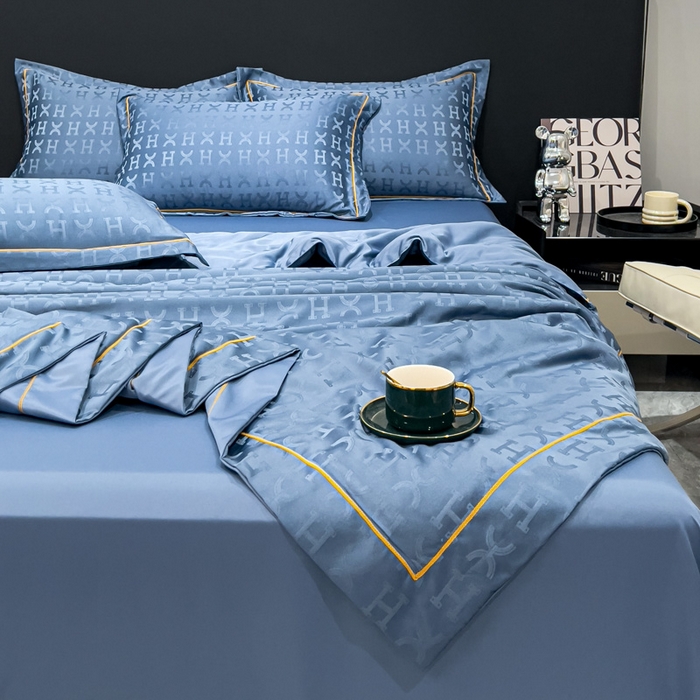 91家纺网 家纺一手货源 找家纺 丽卡家纺 2024新款60s贡缎提花水洗天丝夏被四件套-莫奈 莫奈-宾利蓝