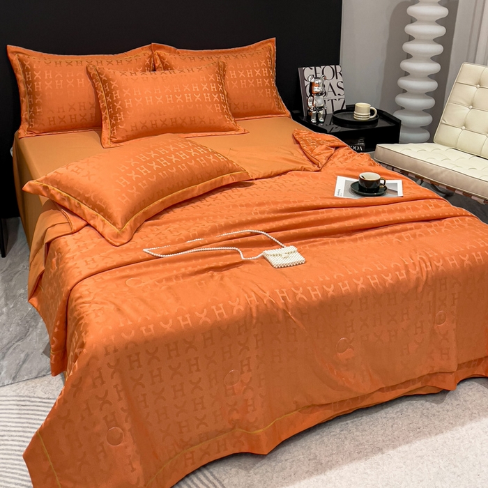 91家纺网 家纺一手货源 找家纺 丽卡家纺 2024新款60s贡缎提花水洗天丝夏被四件套-莫奈 莫奈-爱马仕橘