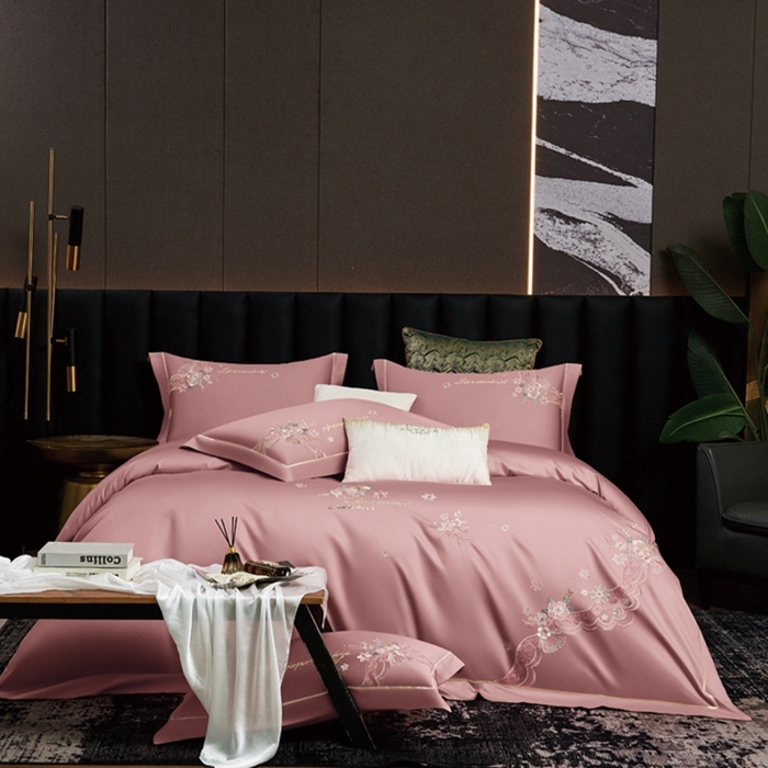 91家纺网 家纺一手货源 找家纺 U品汇 2024新款120支60s双股贡缎长绒棉重工刺绣花纯棉全棉四件套 花澜韵 -豆沙