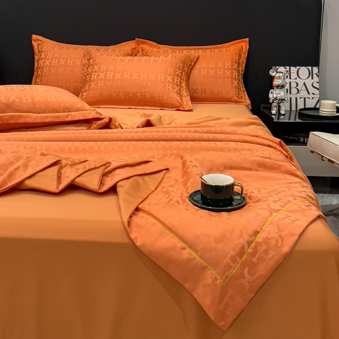 91家纺网 家纺一手货源 找家纺 丽卡家纺 2024新款60s贡缎提花水洗天丝夏被四件套-莫奈 莫奈-爱马仕橘