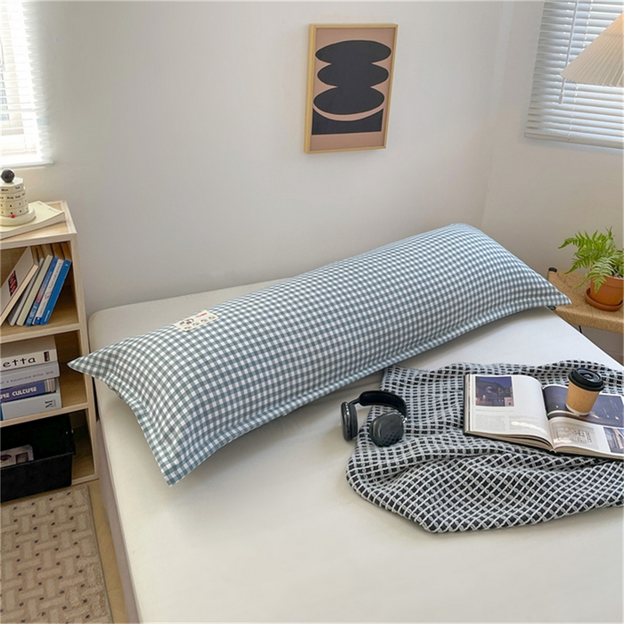 91家纺网 家纺一手货源 找家纺 梦舒羽 2025新款水洗棉麻双人枕套情侣枕芯套加厚枕头套  小格-蓝