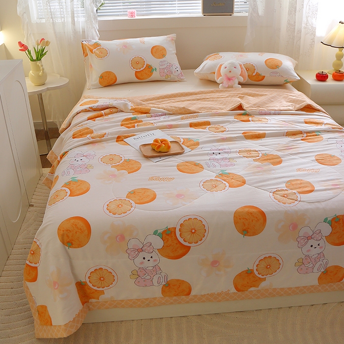 91家纺网 家纺一手货源 找家纺 金柚子2024新款全棉印花夏凉被 橙子兔-黄