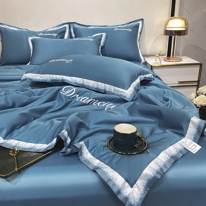 91家纺网 家纺一手货源 找家纺 丽卡家纺 2024新款水洗天丝刺绣夏被四件套-梦幻 梦幻-宾利蓝