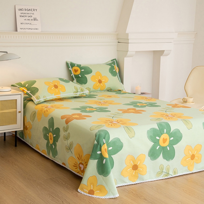 91家纺网 家纺一手货源 找家纺 金泰莱 2025新款花边款老粗布凉席老粗布床单软凉席全棉床单纯棉床单 花恋曲-绿