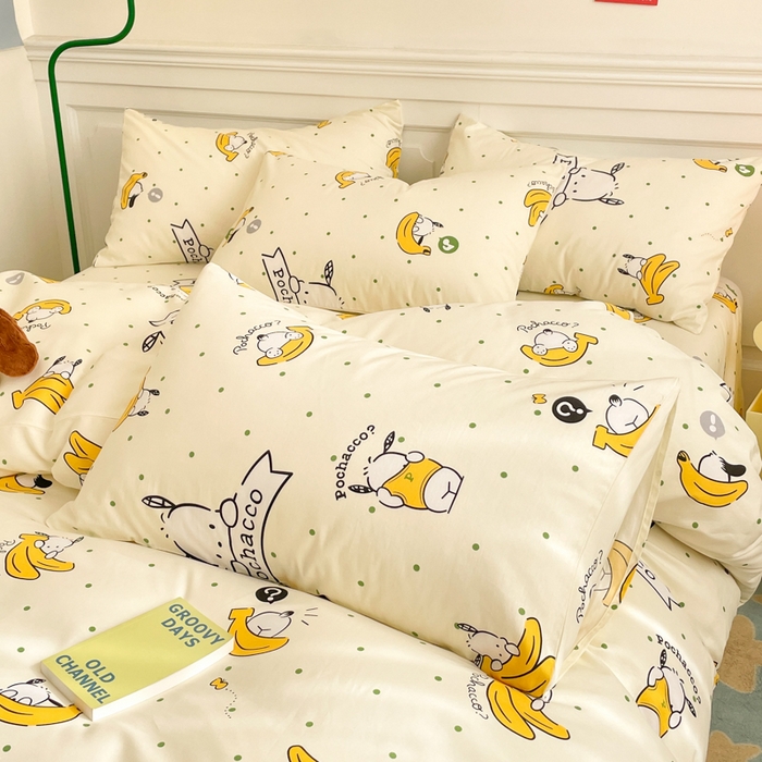 91家纺网 家纺一手货源 找家纺 博雅 2024新款全棉三丽鸥卡通四件套-AA版帕恰狗 香蕉帕恰狗