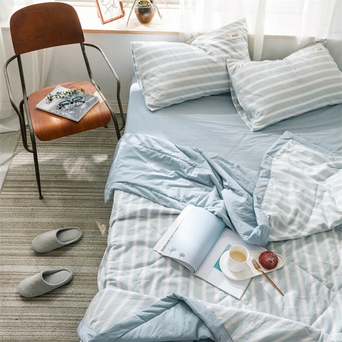 91家纺网 家纺一手货源 找家纺 北欧良品 水洗棉夏被四件套水洗棉空调被夏凉被无印良品-兰粗条