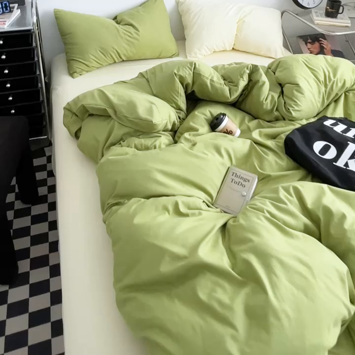 91家纺网 家纺一手货源 找家纺 思诺羽床笠 2024新款水洗棉纯色混搭四件套系列 牛油果绿+奶油黄