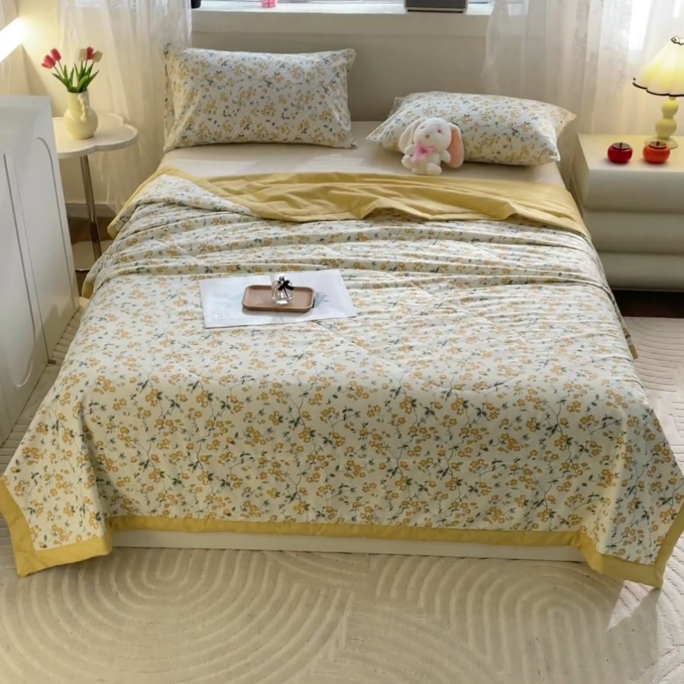91家纺网 家纺一手货源 找家纺 金柚子2024新款全棉印花夏凉被 春风佛面-黄