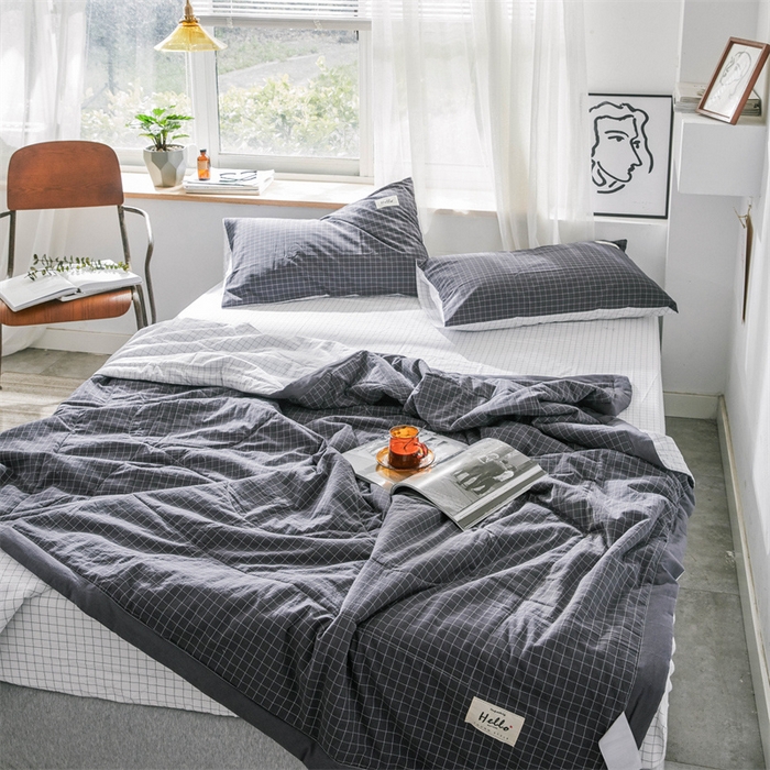 91家纺网 家纺一手货源 找家纺 北欧良品 水洗棉夏被四件套水洗棉空调被夏凉被无印良品-灰白小格双拼