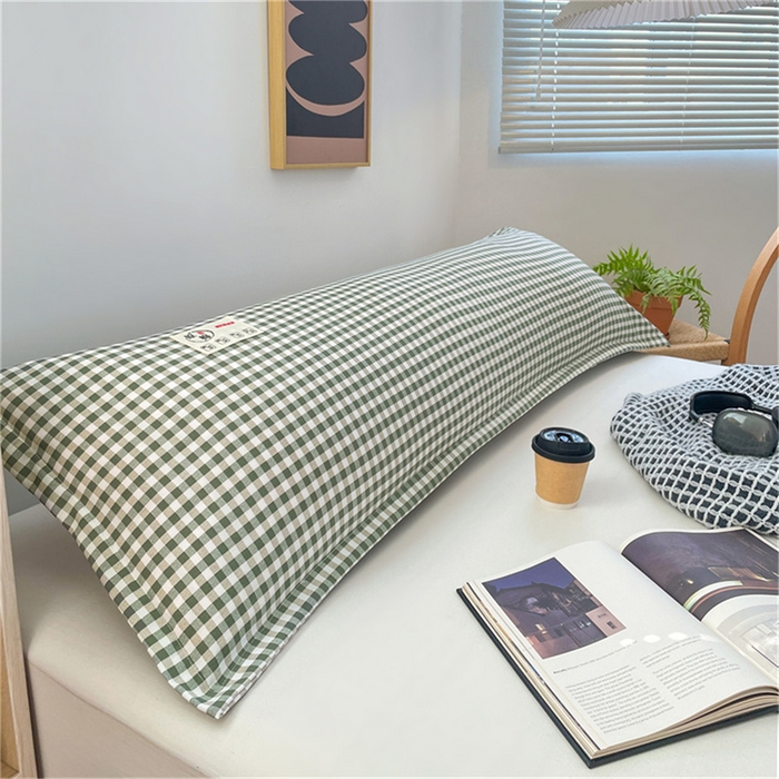 91家纺网 家纺一手货源 找家纺 梦舒羽 2025新款水洗棉麻双人枕套情侣枕芯套加厚枕头套  小格-绿