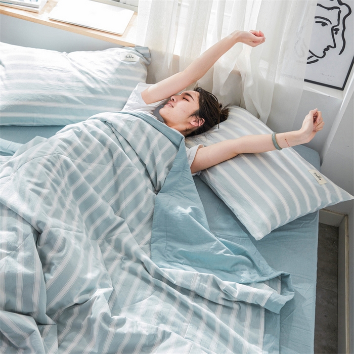 91家纺网 家纺一手货源 找家纺 北欧良品 水洗棉夏被四件套水洗棉空调被夏凉被无印良品-兰粗条