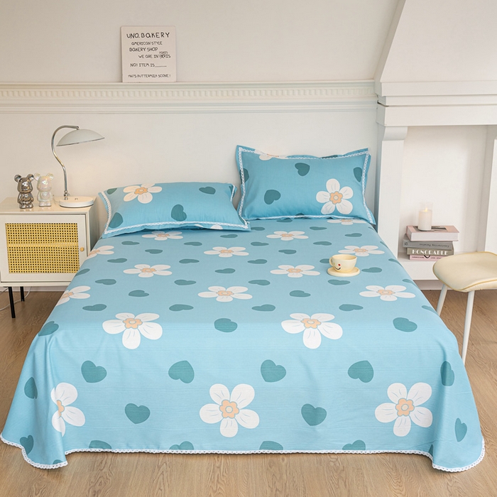 91家纺网 家纺一手货源 找家纺 金泰莱 2025新款花边款老粗布凉席老粗布床单软凉席全棉床单纯棉床单 花心-蓝