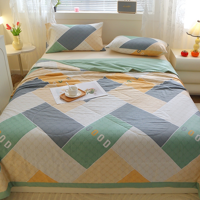 91家纺网 家纺一手货源 找家纺 金柚子2024新款全棉印花夏凉被 街角咖啡-绿