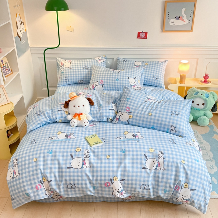 91家纺网 家纺一手货源 找家纺 博雅 2024新款全棉三丽鸥卡通四件套-AA版帕恰狗 蓝格帕恰狗