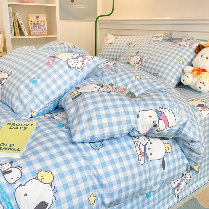 91家纺网 家纺一手货源 找家纺 博雅 2024新款全棉三丽鸥卡通四件套-AA版帕恰狗 蓝格帕恰狗